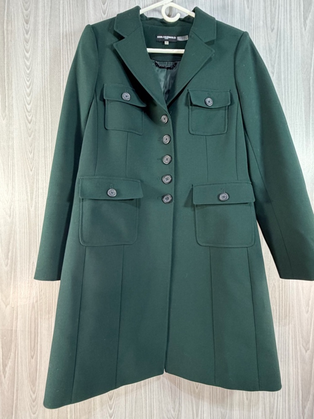 Karl Lagerfeld Paris Luxe Twill Classic Maxi Peacoat Dark Green Military Size 10
